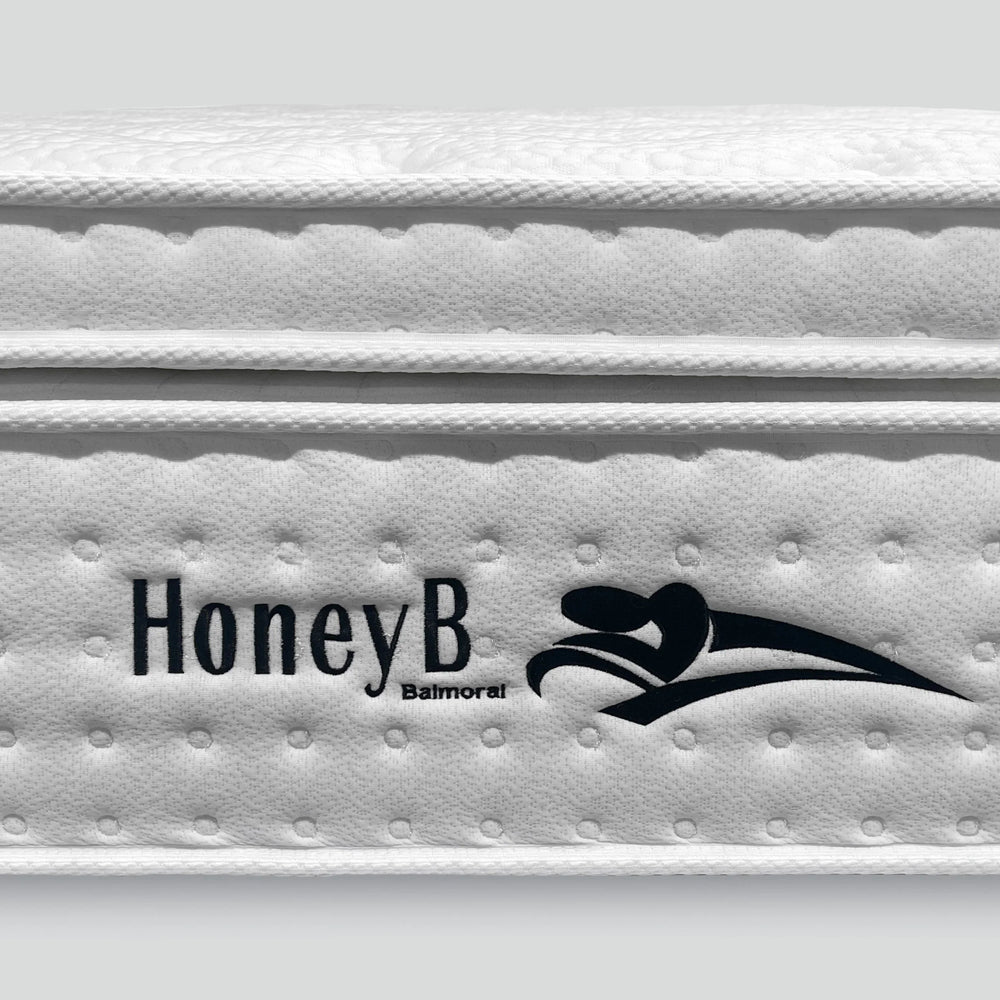 White quilted mattress side with HoneyB Balmoral logo and textured detailing