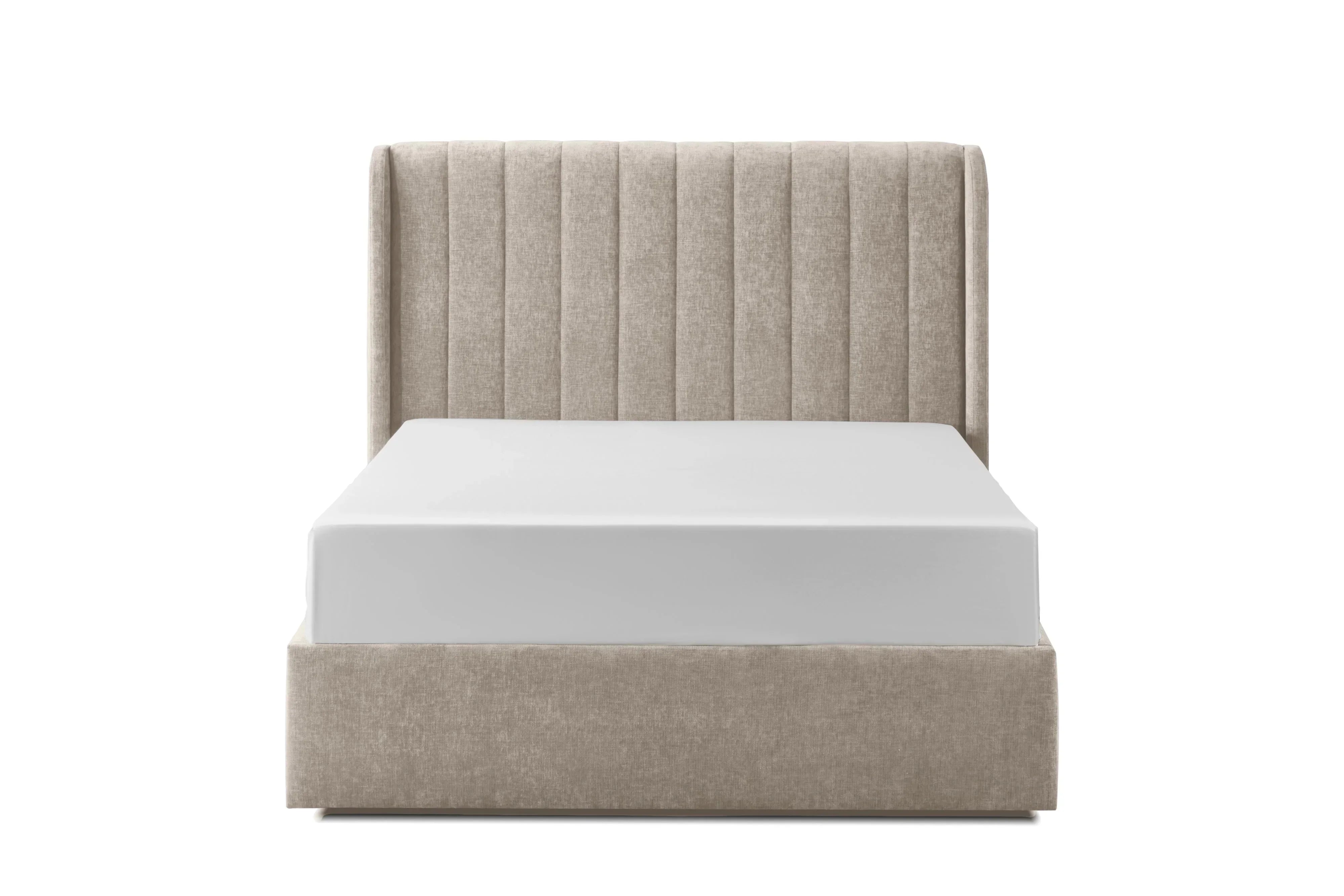 Beige upholstered bed frame with vertical panel headboard, front view