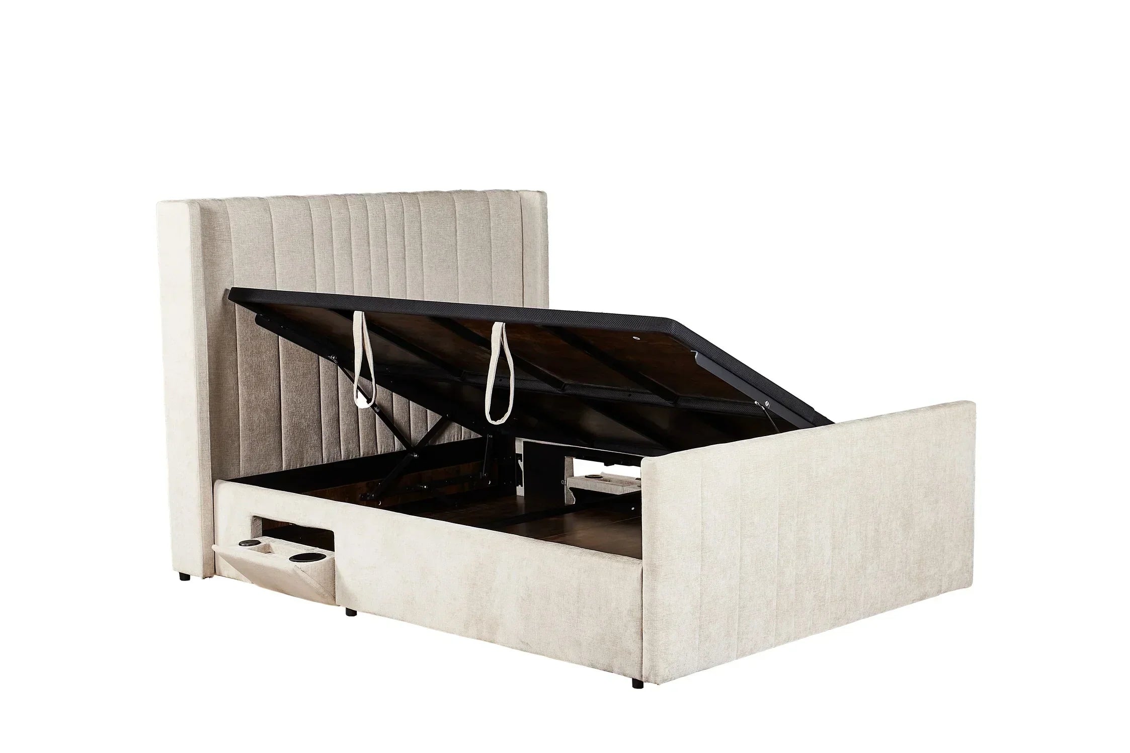 Beige upholstered ottoman storage bed with open lift-up base and vertical panel headboard