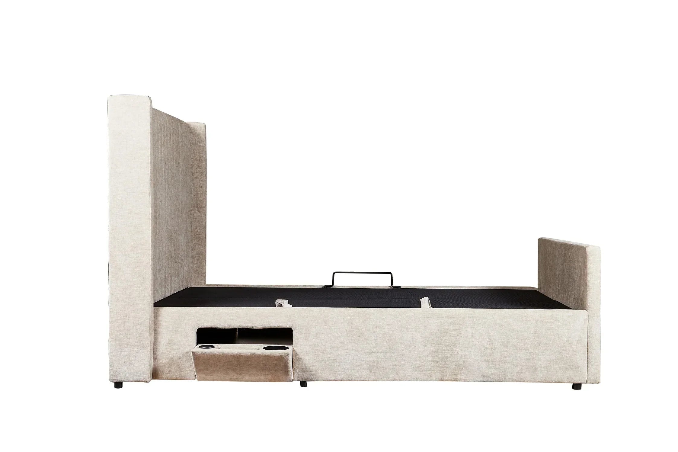 Side view of upholstered bed frame with hidden storage and built-in cup holders