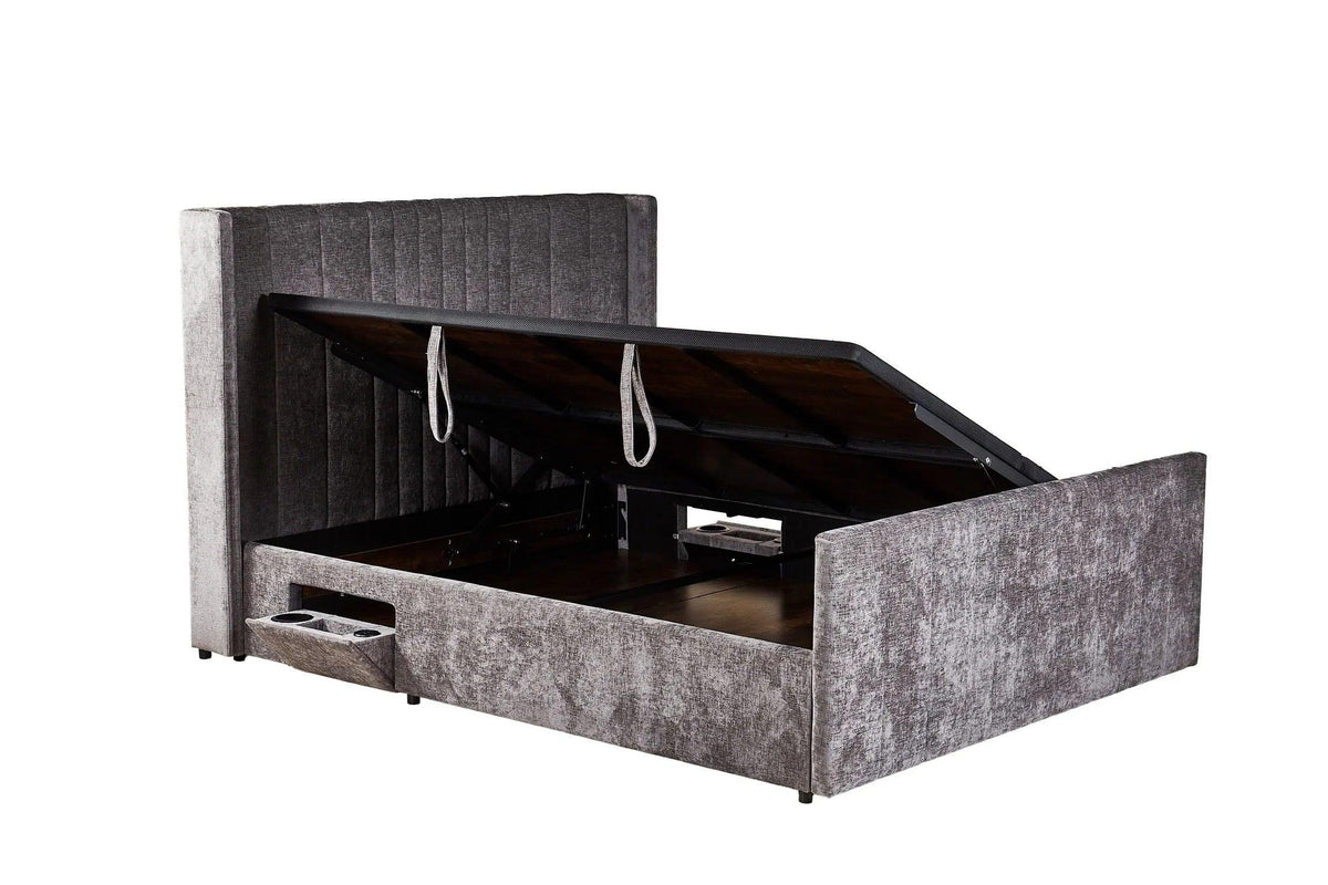 Grey fabric ottoman storage bed with high headboard and open lift-up base