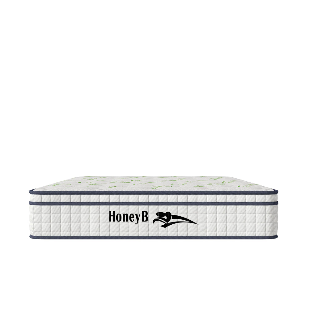 Hybrid mattress with white quilted sides and green pattern top, HoneyB logo at front