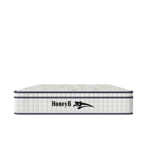 Hybrid mattress with white quilted sides and green pattern top, HoneyB logo at front