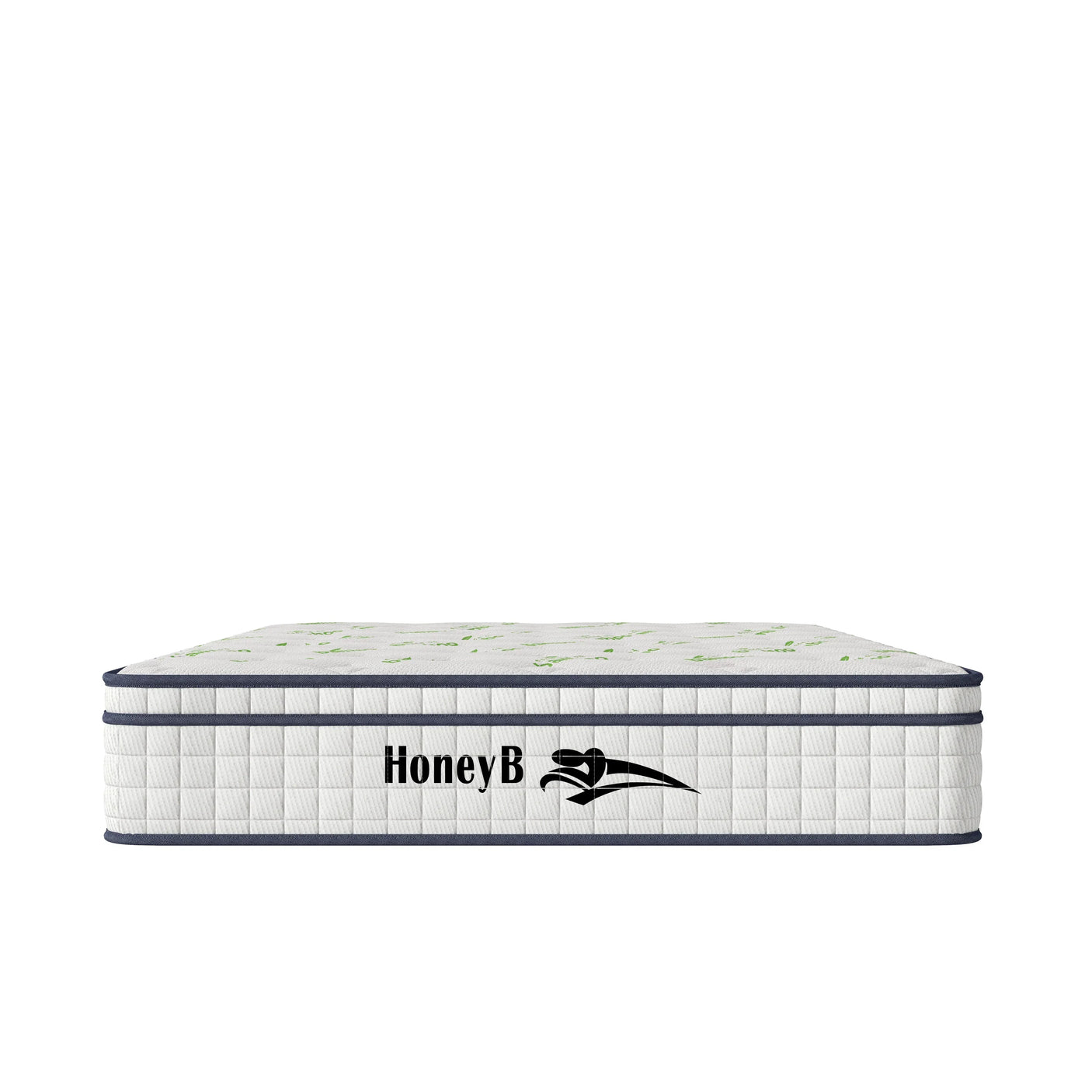 Hybrid mattress with white quilted sides and green pattern top, HoneyB logo at front