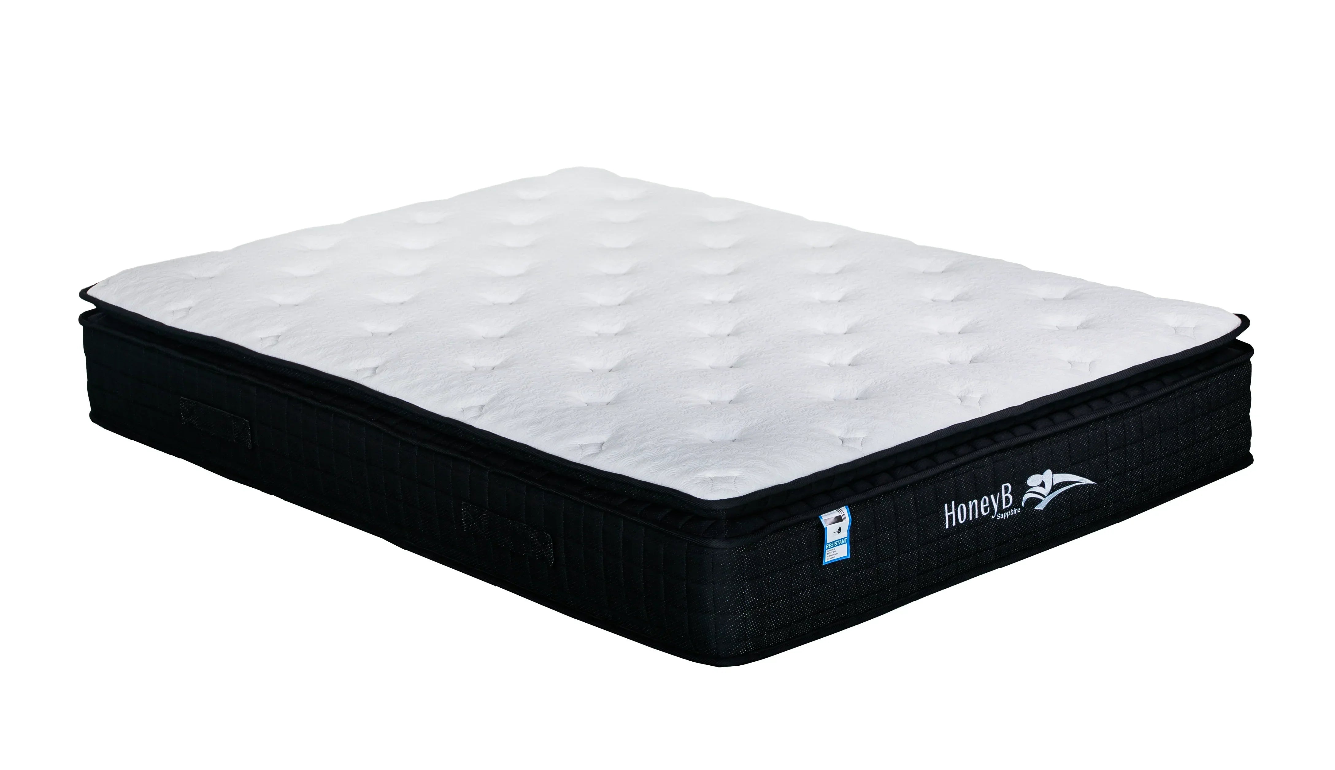 double sided pillow top mattress with white quilted surface and black edge panel