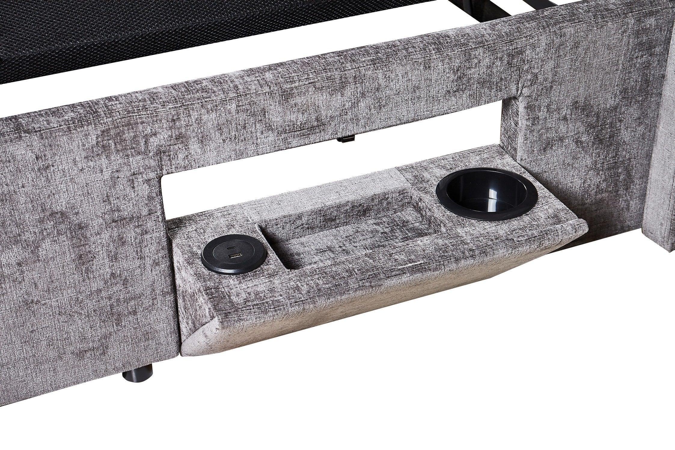 Grey fabric sofa armrest with built-in cup holder and USB charging port