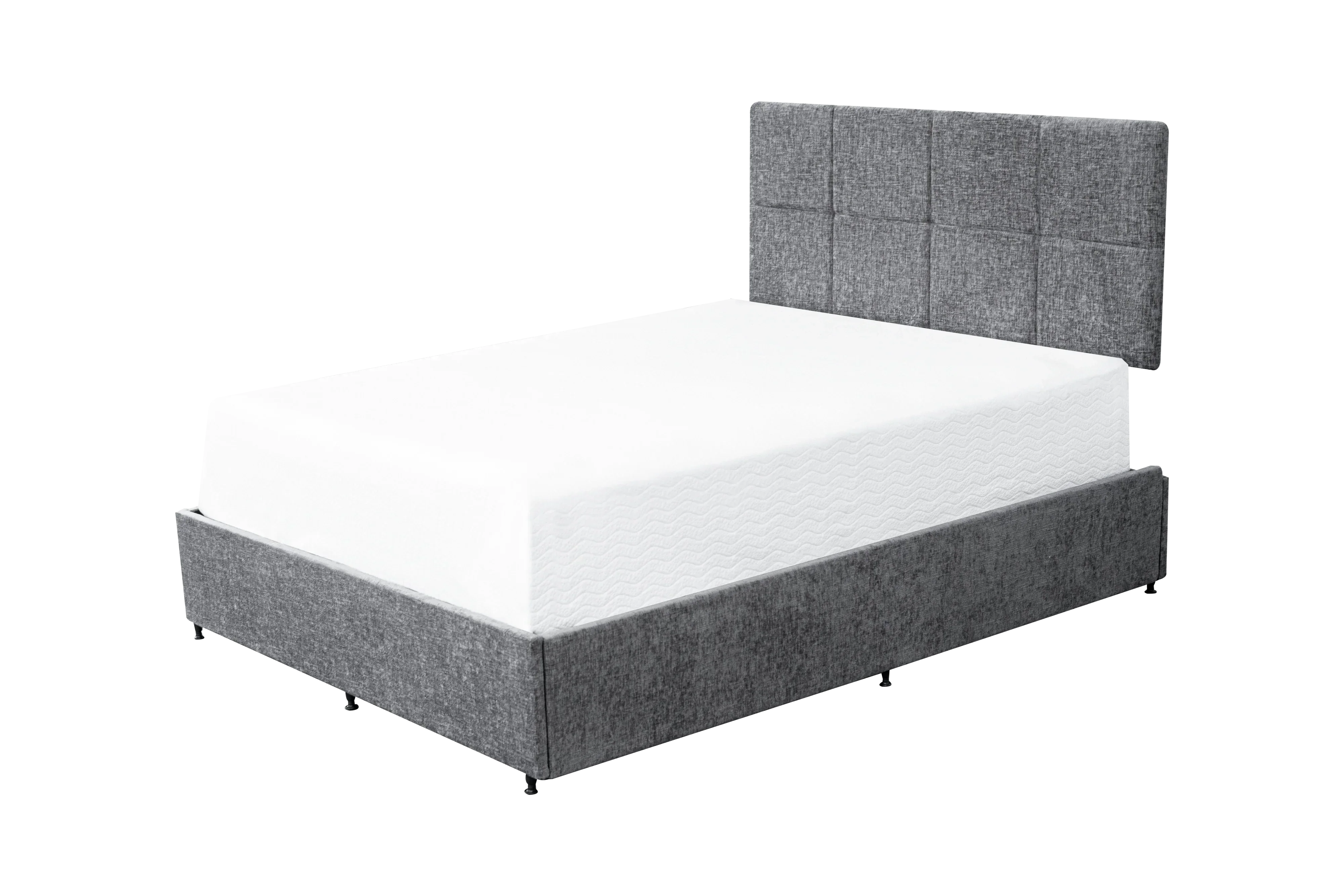 Grey fabric bed frame with panelled headboard and white mattress, side angle view