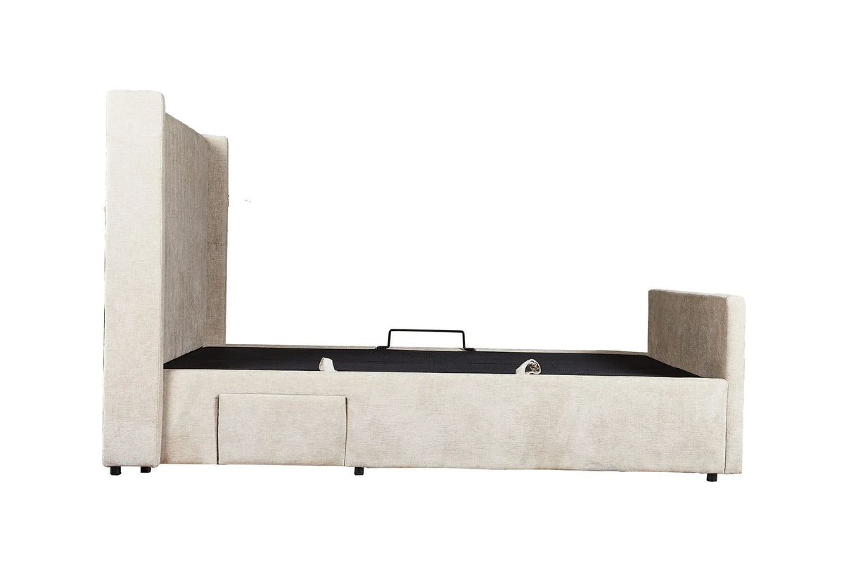 Beige upholstered storage bed frame with high headboard and footboard, side view