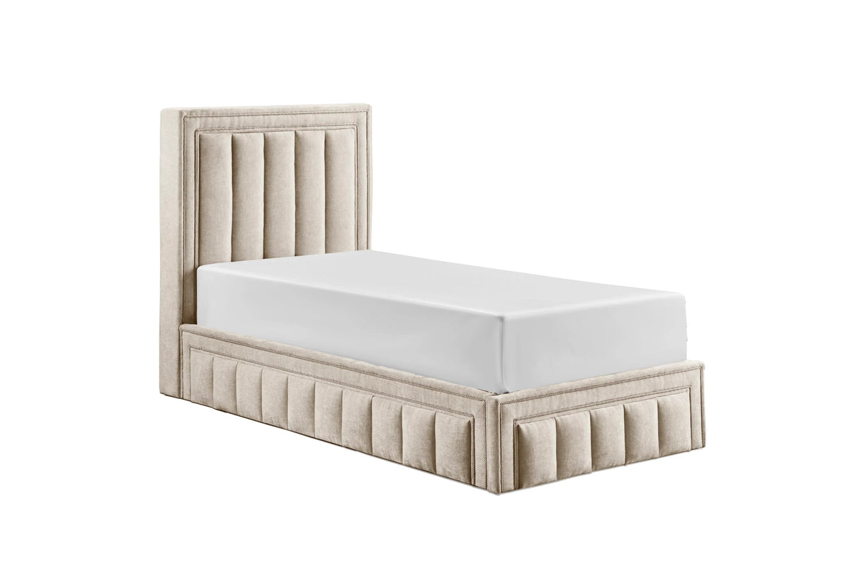 Beige upholstered single bed with vertical panel headboard and matching base
