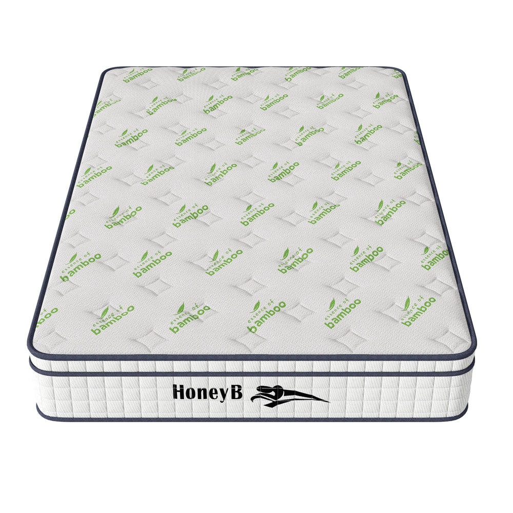 Bamboo fabric mattress with quilted top and reinforced edge, front HoneyB logo visible