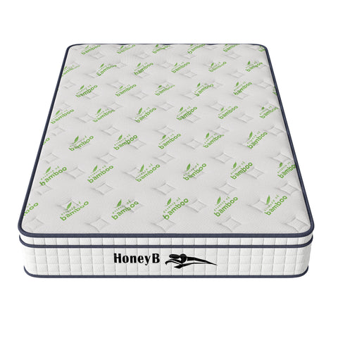 Bamboo fabric mattress with quilted top and reinforced edge, front HoneyB logo visible