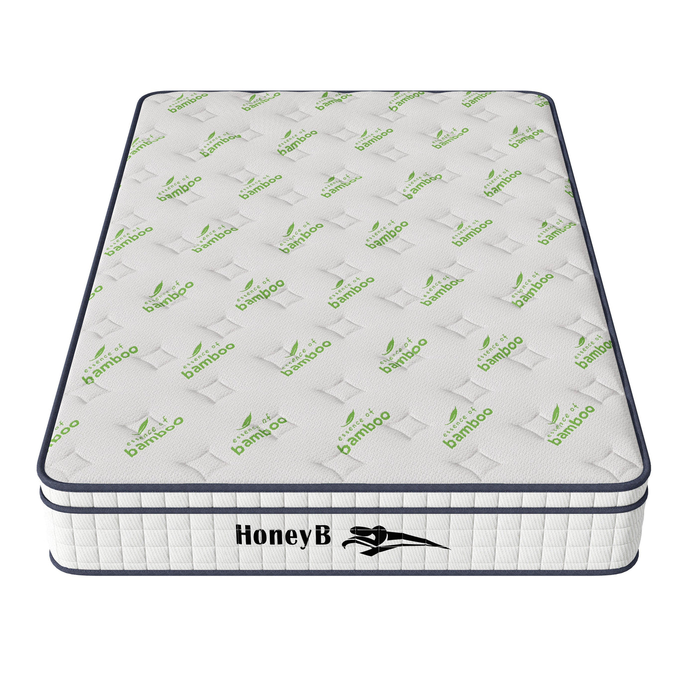 Bamboo fabric mattress with quilted top and reinforced edge, front HoneyB logo visible