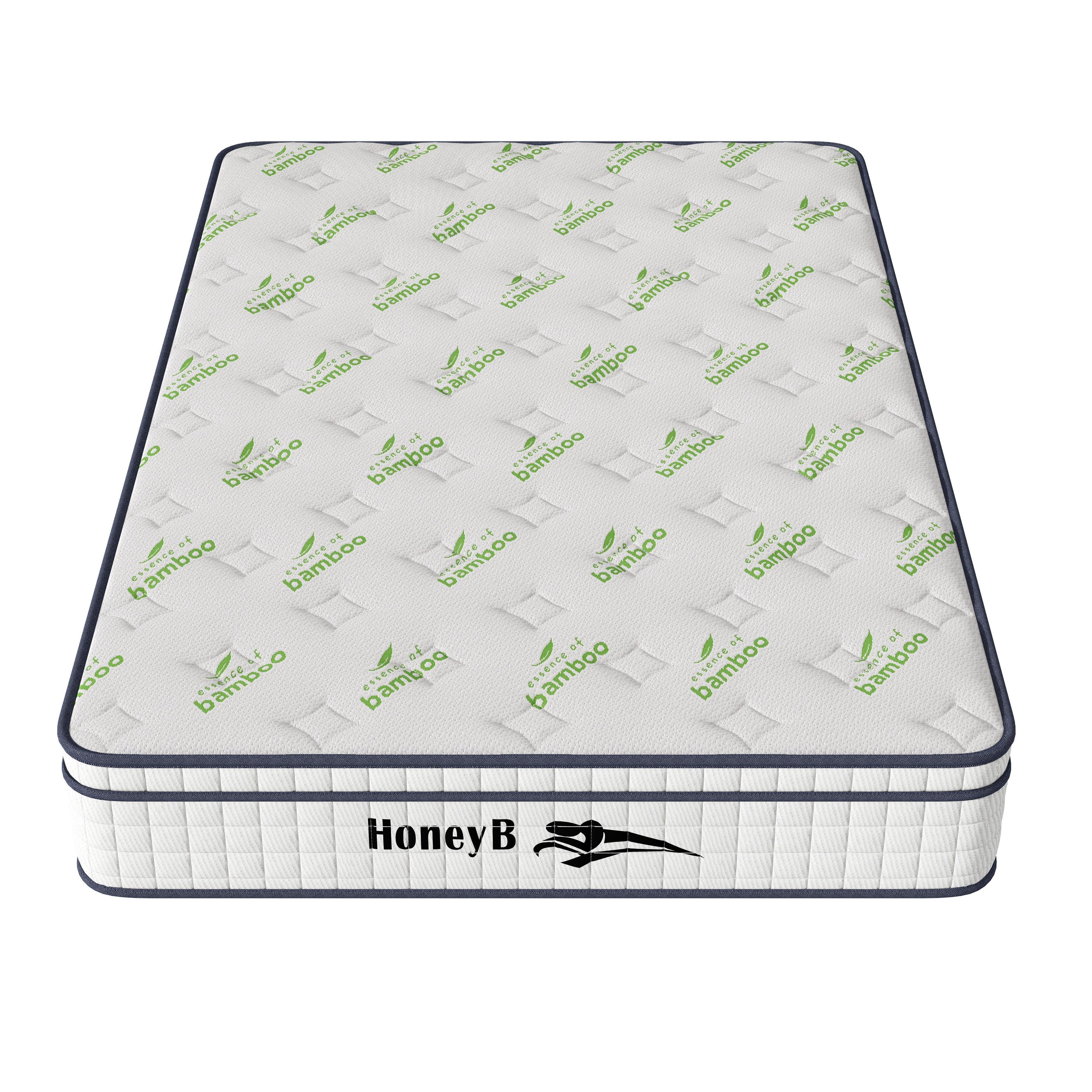 Bamboo fabric mattress with quilted top and reinforced edge, front HoneyB logo visible