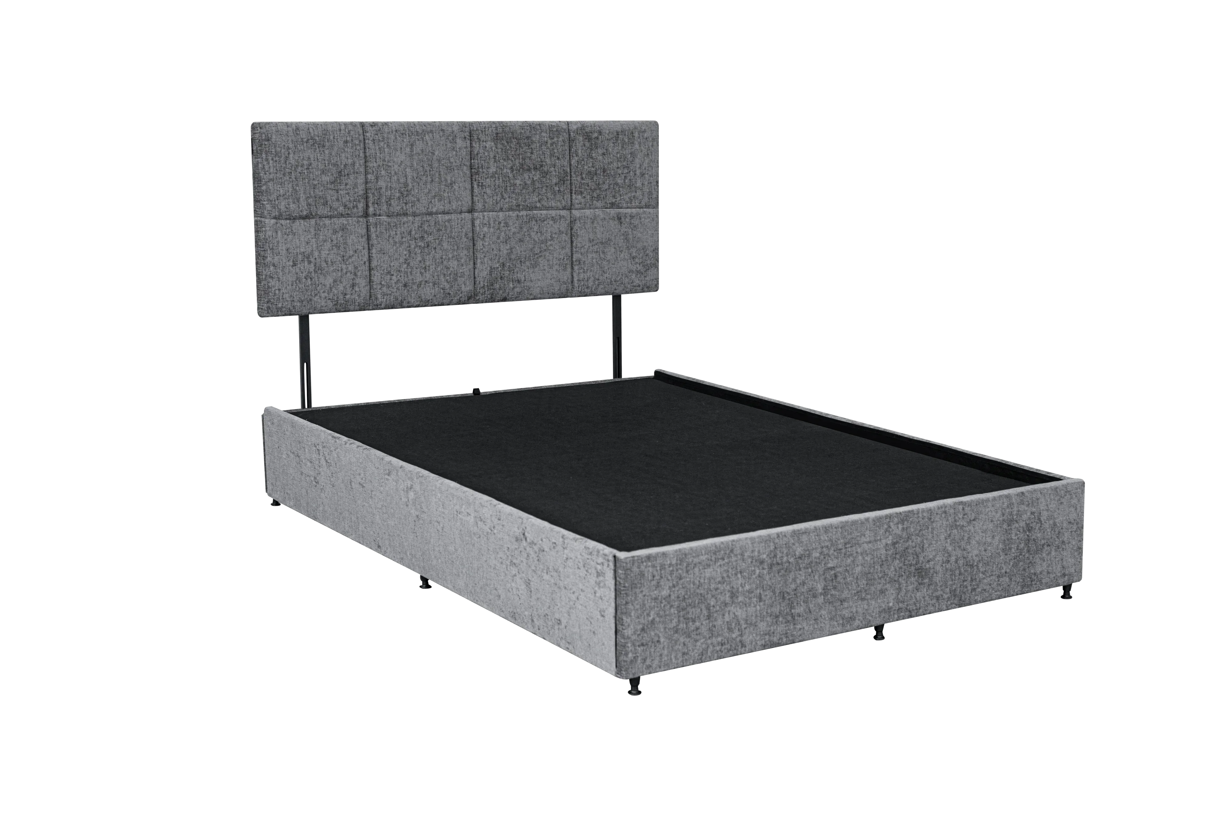 Grey upholstered bed frame with square panel headboard and low footend