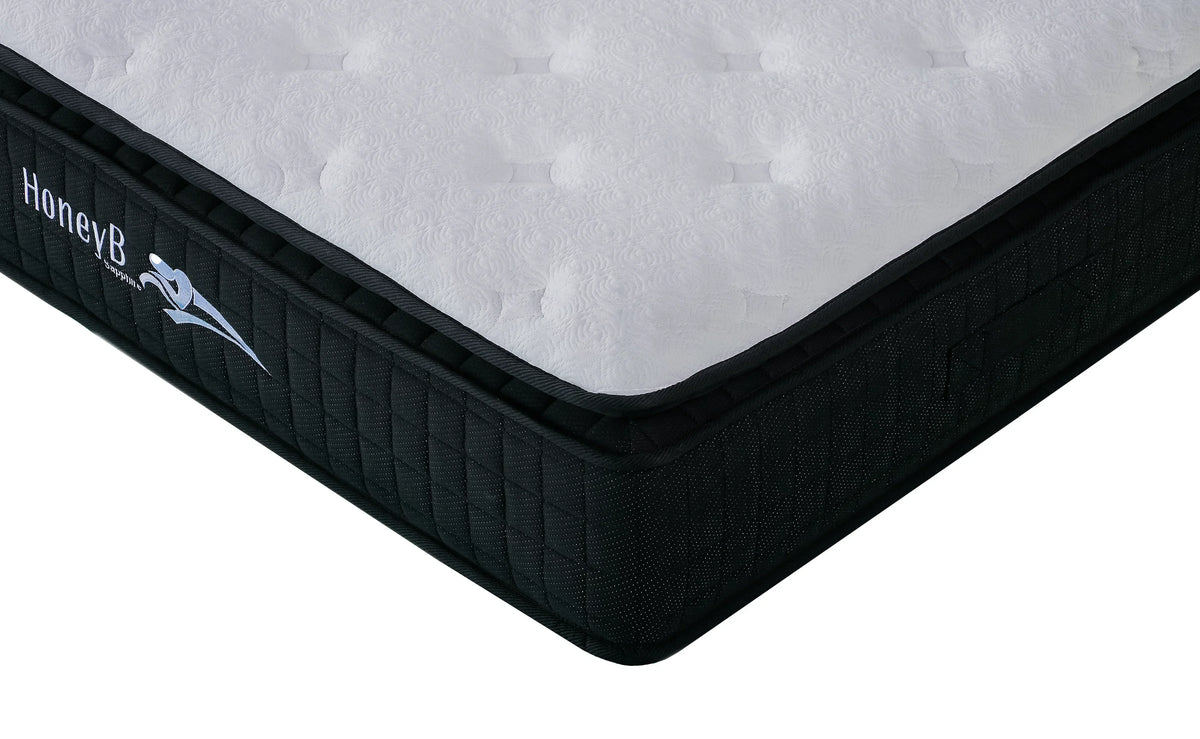 Black and white mattress corner with quilted side panel and textured top surface