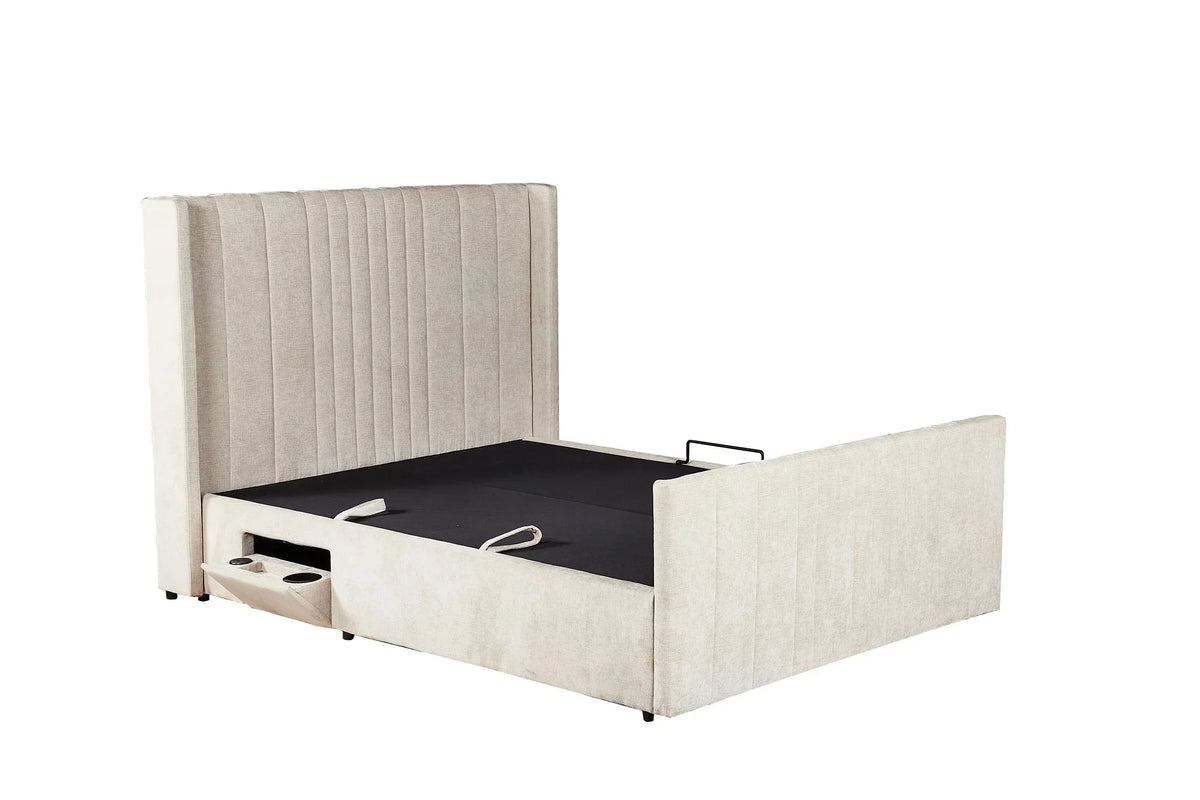 Beige upholstered storage bed frame with tall headboard and built-in cup holder drawer