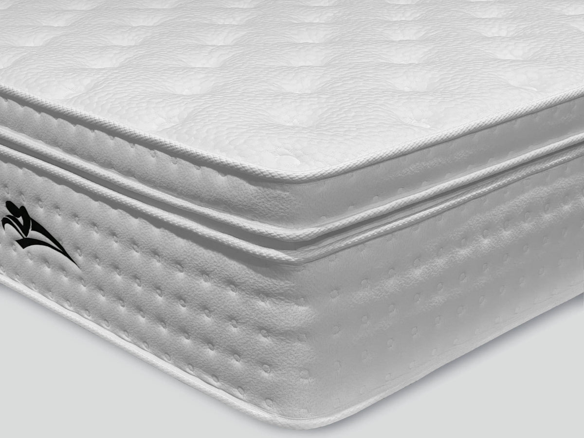 White quilted mattress with pillow top and stitched side detail