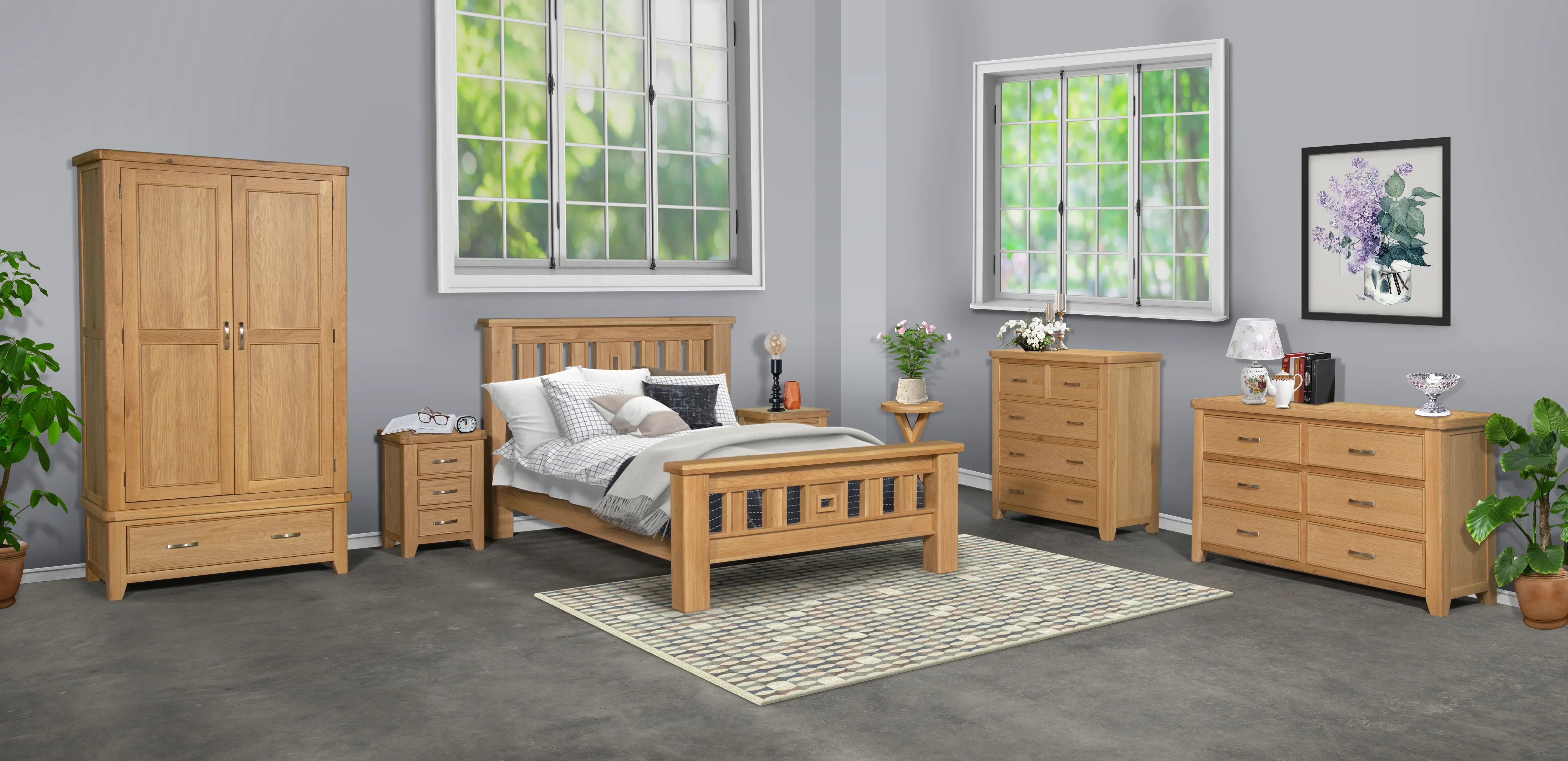 Oak bedroom furniture set with bed, wardrobe, nightstand, chest and dresser in modern room