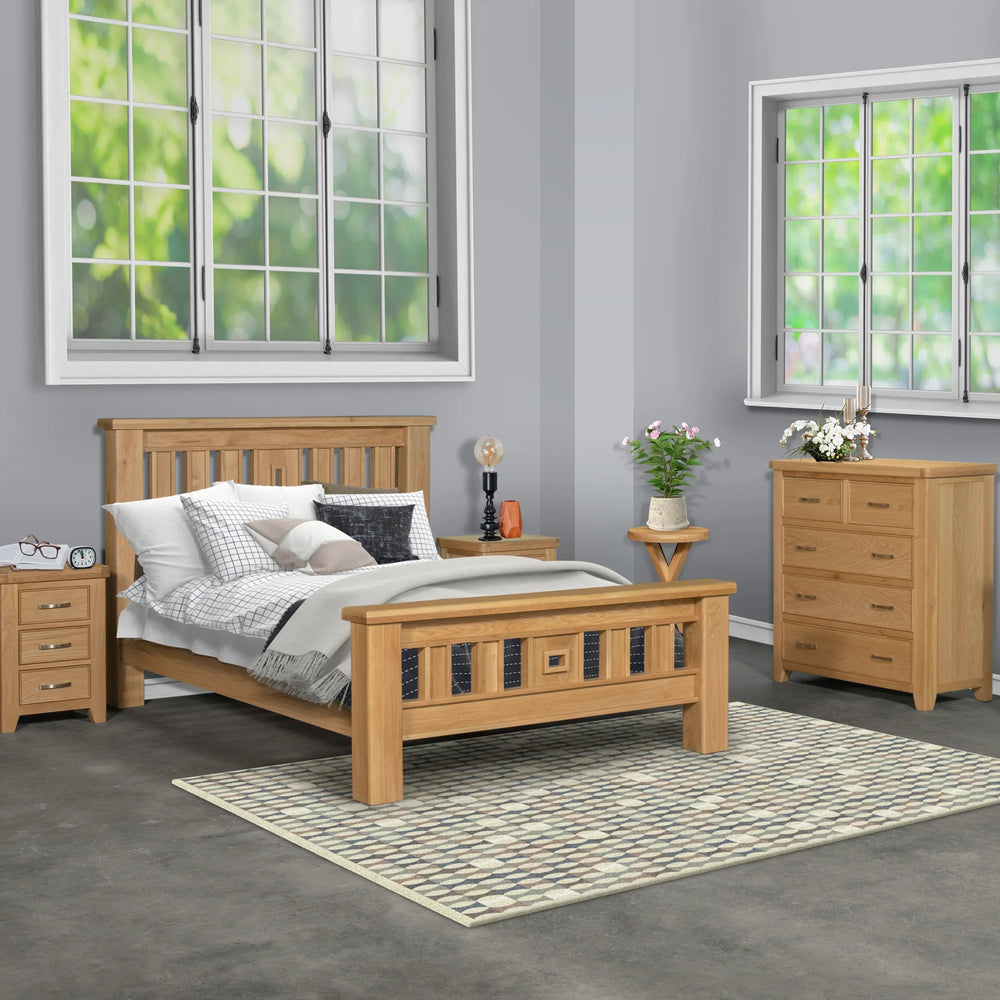 Oak bedroom furniture set with bed, wardrobe, drawers and nightstands in modern room