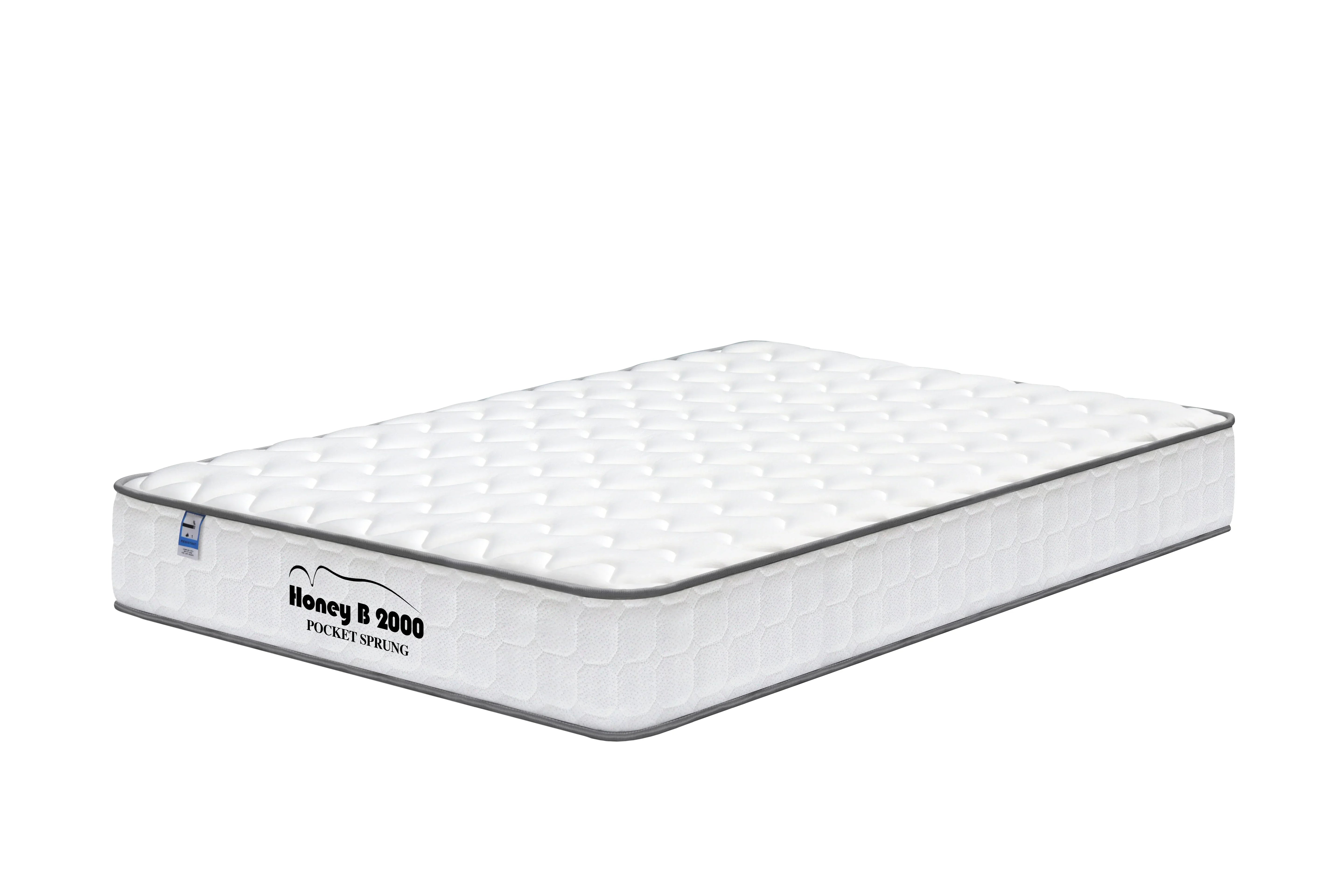 Pocket sprung mattress with quilted white surface and grey edge trim on white background