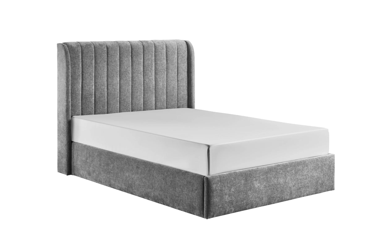 Single grey upholstered bed frame with vertical panel headboard and white mattress