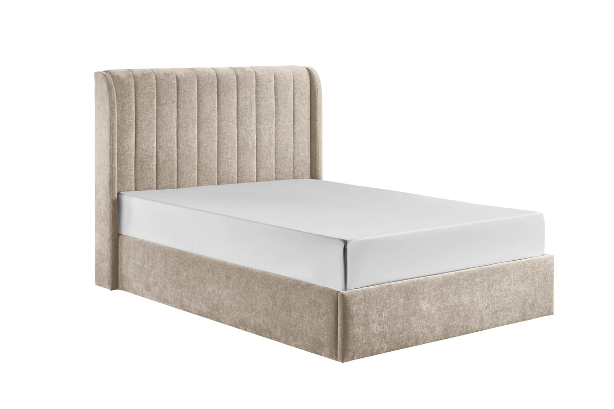 Beige upholstered single bed frame with vertical panel headboard and low base