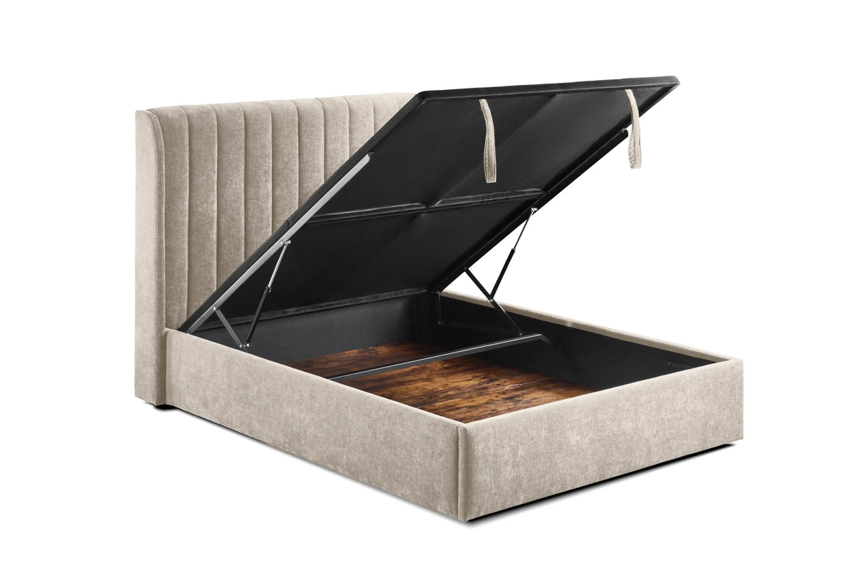 Beige upholstered ottoman storage bed with vertical panel headboard and lifted base