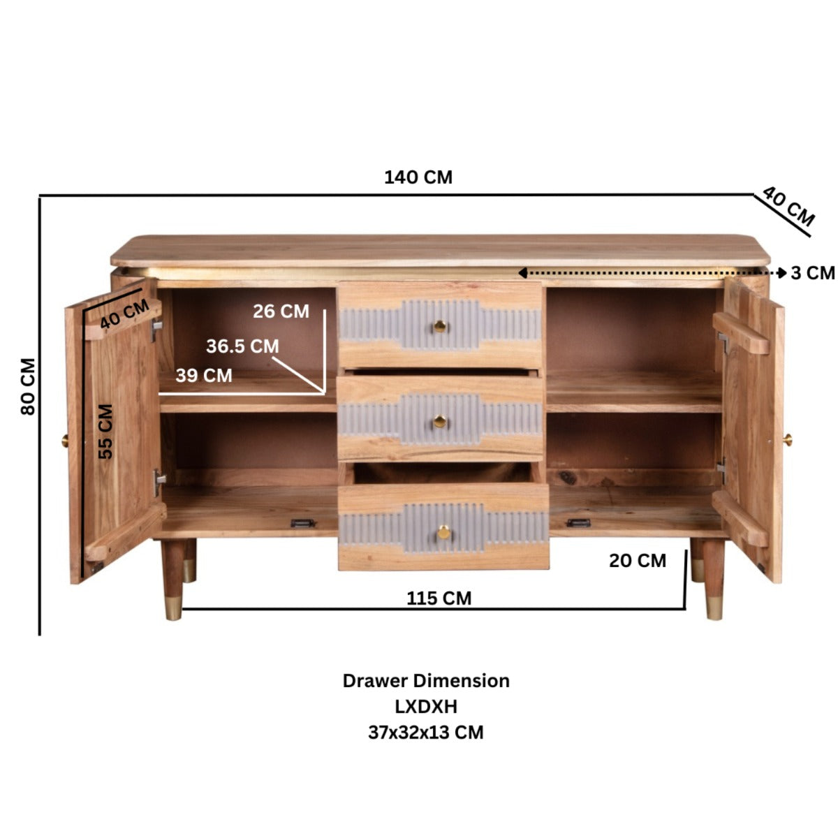 Wilton sideboard made from solid acacia wood with grey finish