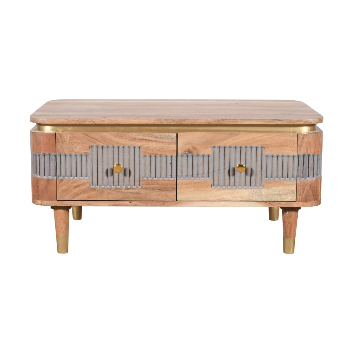 Wilton Acacia Wood Coffee Table with two drawers in a modern living room