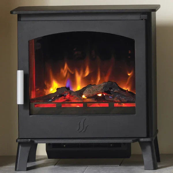 Black electric stove heater with realistic flame effect and log feature