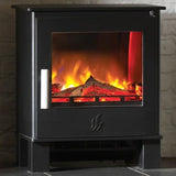 Black electric stove with glowing log effect and glass front panel on tiled floor
