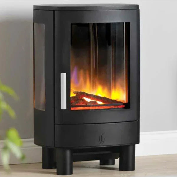 Modern black freestanding electric stove with glass front and realistic log flame effect