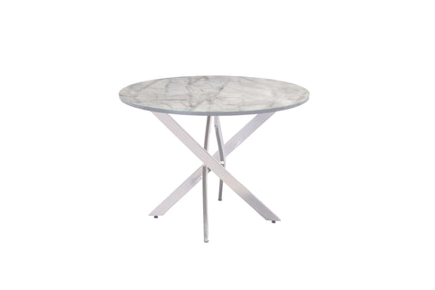 A round dining table with a white and gray marble-patterned top and a silver-finished metal X-shaped pedestal base, shown against a plain white background.