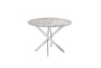 A round dining table with a white and gray marble-patterned top and a silver-finished metal X-shaped pedestal base, shown against a plain white background.