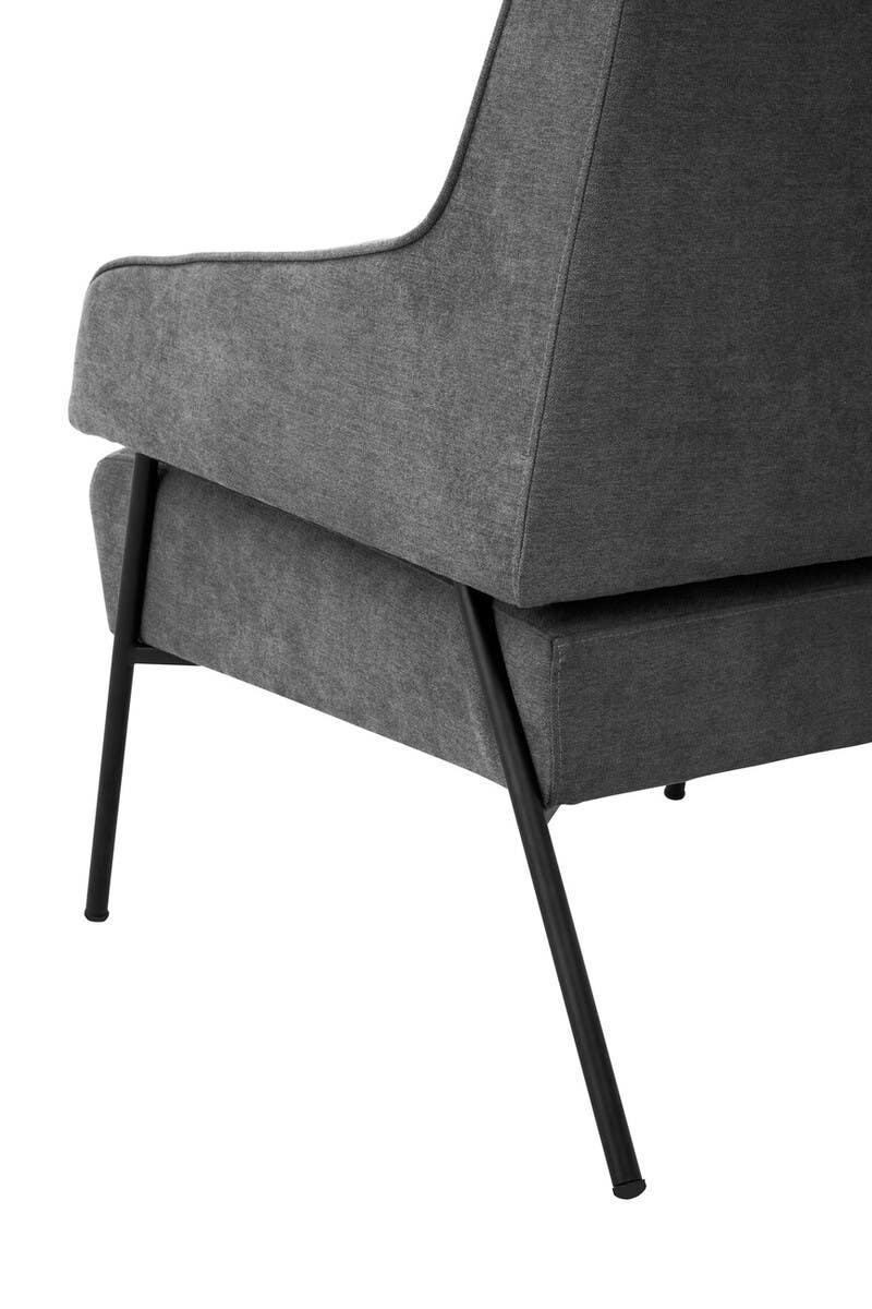 Closeup of grey fabric armchair with black metal legs, modern furniture detail