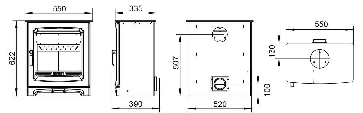 alderwood stove technical drawing with front, side, back, and top dimensions labeled