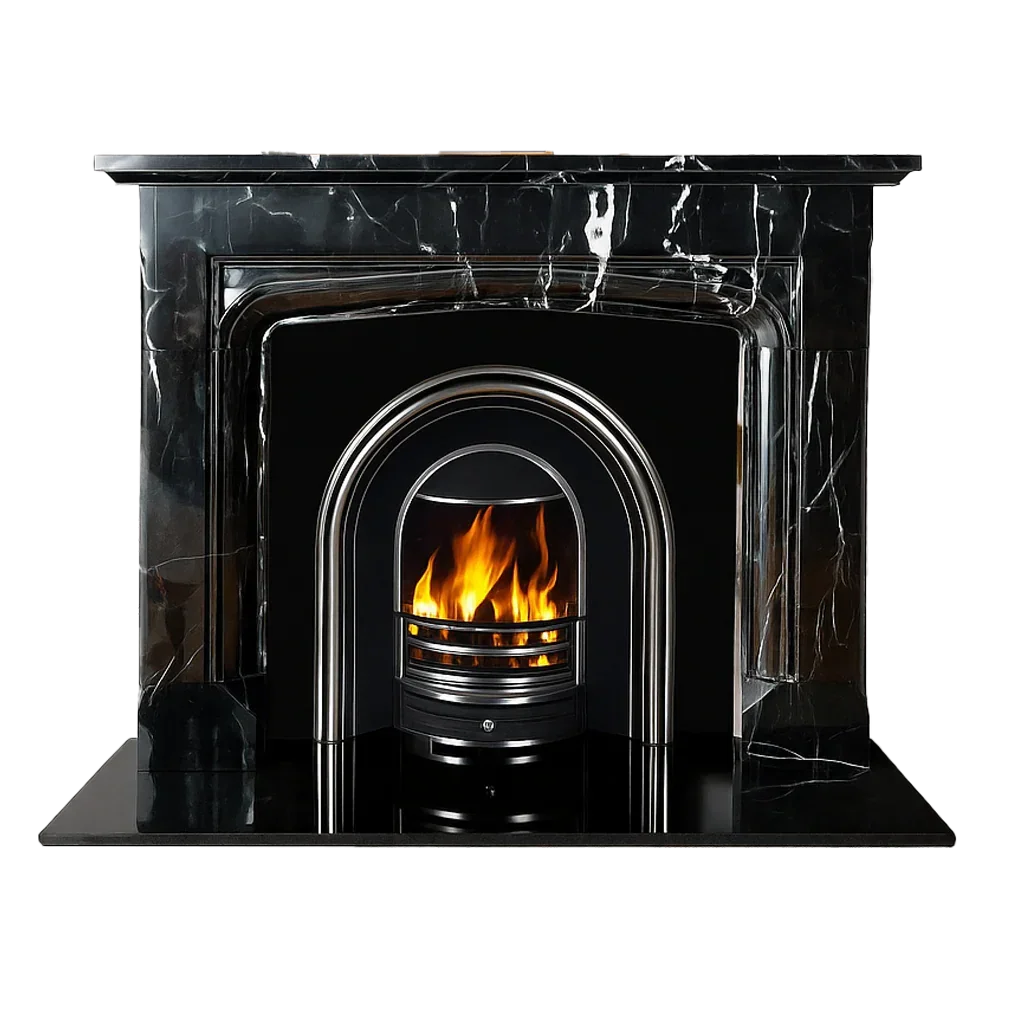 Black marble fireplace with arch detail and chrome fire grate featuring a burning flame