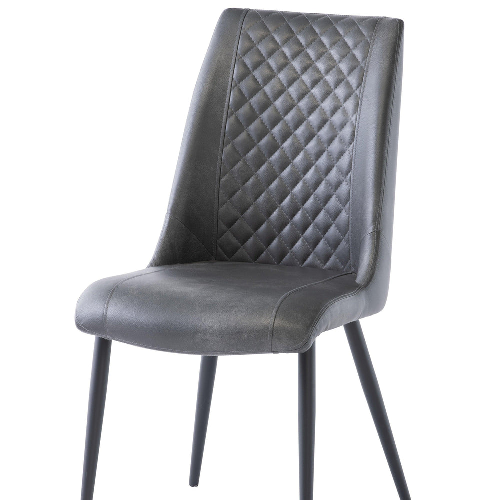 Grey faux leather dining chair with diamond stitched backrest and black metal legs