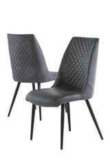 Grey dining chairs with quilted backs and black metal legs, angled front and rear view