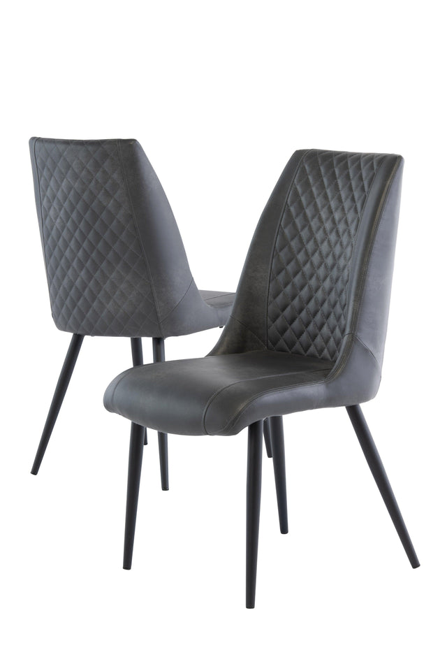 Grey dining chairs with quilted backs and black metal legs, angled front and rear view