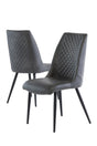 Grey dining chairs with quilted backs and black metal legs, angled front and rear view
