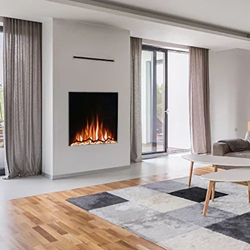 Modern electric fireplace in living room with wood flooring and geometric rug