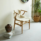 Dolomite stone carpet in living room with wooden chair, textured vase and indoor plants