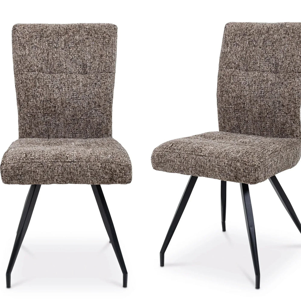 Pair of brown fabric dining chairs with black metal legs, angled front and side view