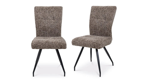 Pair of brown fabric dining chairs with black metal legs, angled front and side view