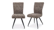 Pair of brown fabric dining chairs with black metal legs, angled front and side view