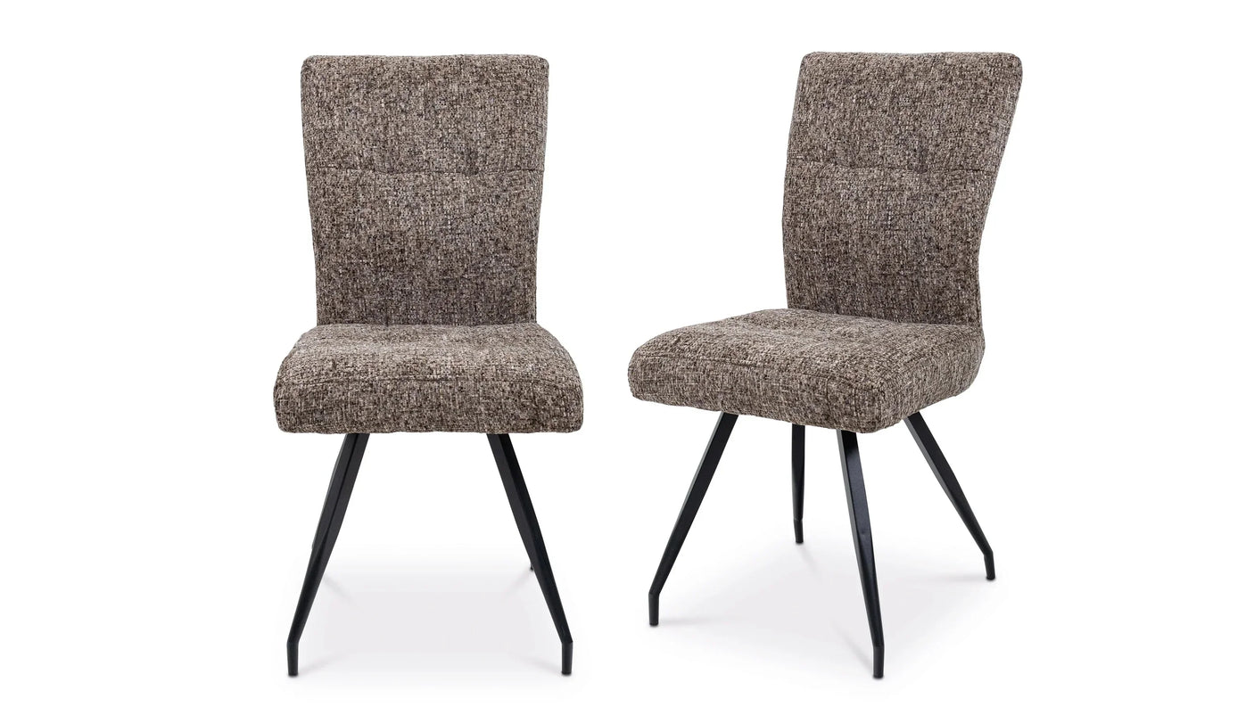 Pair of brown fabric dining chairs with black metal legs, angled front and side view