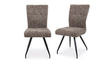 Pair of brown fabric dining chairs with black metal legs, angled front and side view