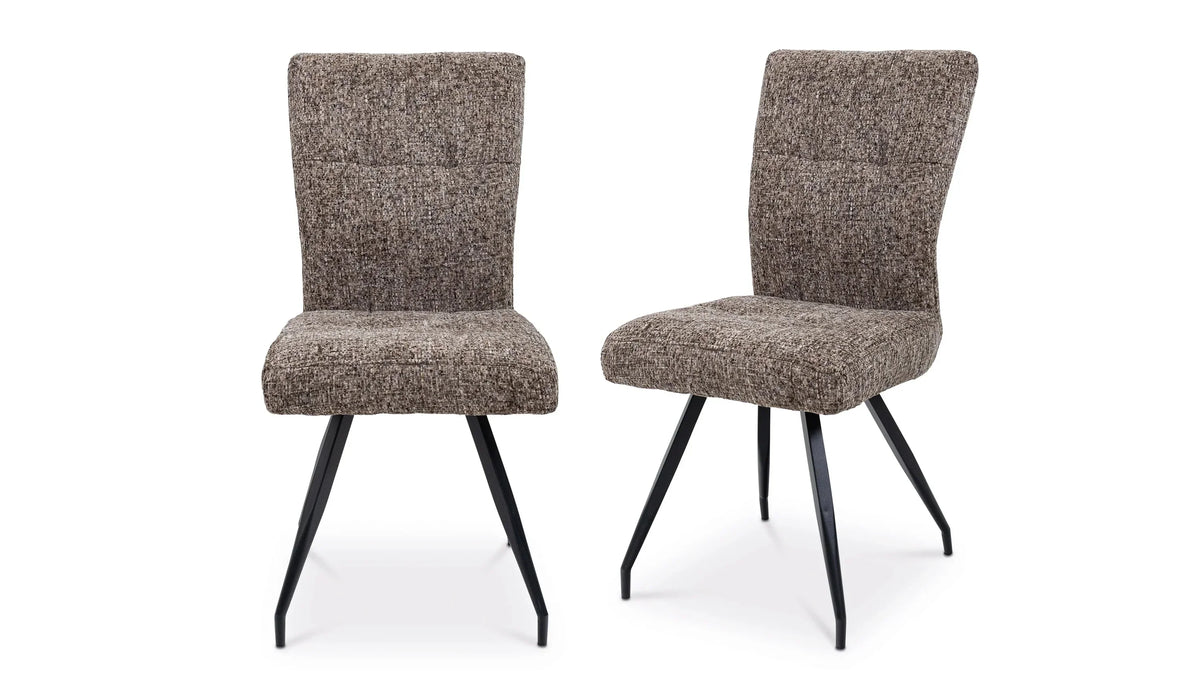 Pair of brown fabric dining chairs with black metal legs, angled front and side view