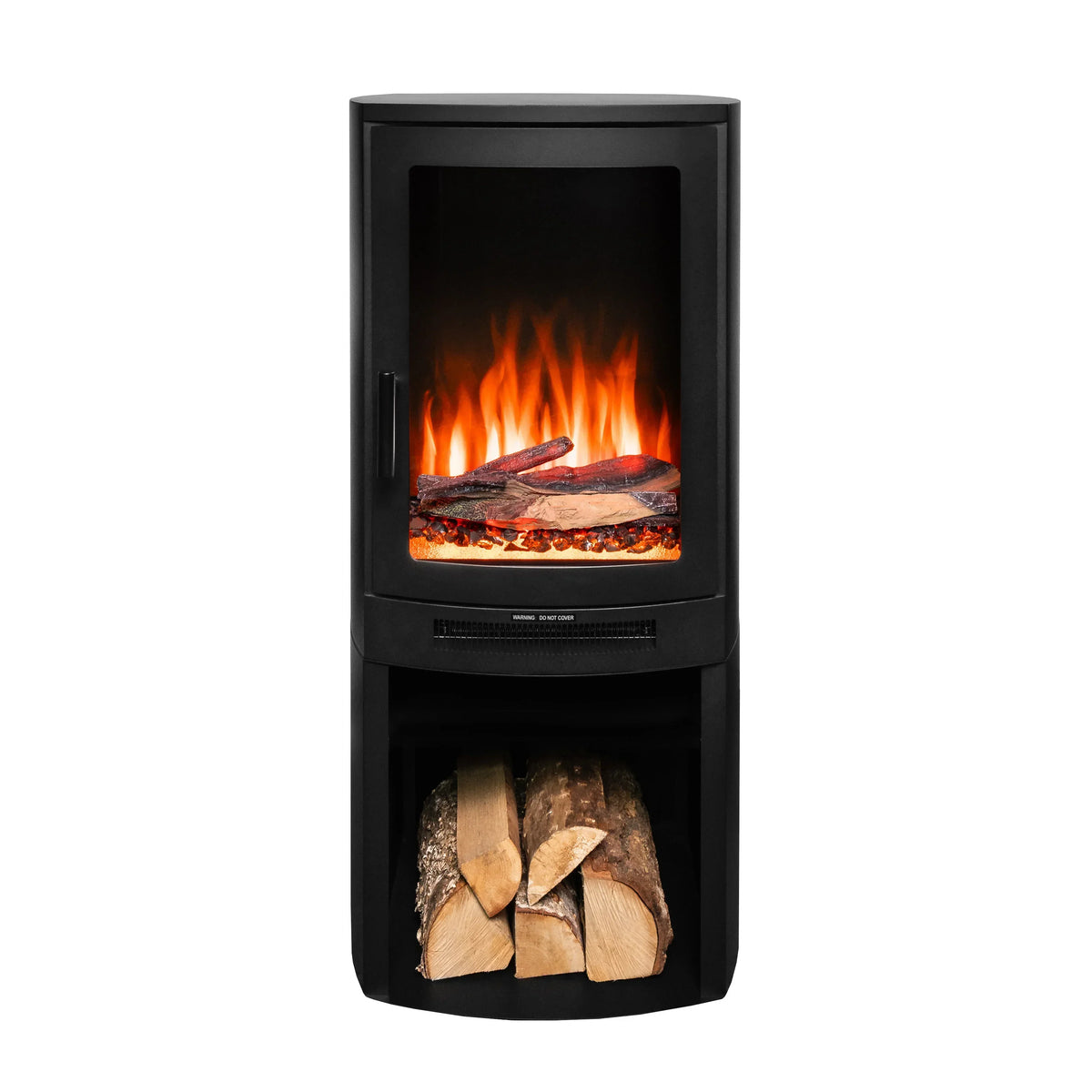 Black electric fireplace stove with log storage and realistic flame effect